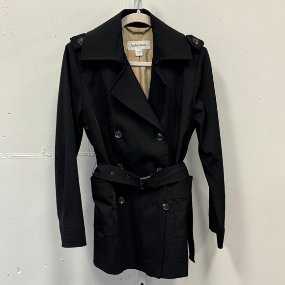 Calvin Klein Jackets & Blazers - Calvin Klein Black Double Breasted Belted Trench Coat Jacket XS Epaulettes